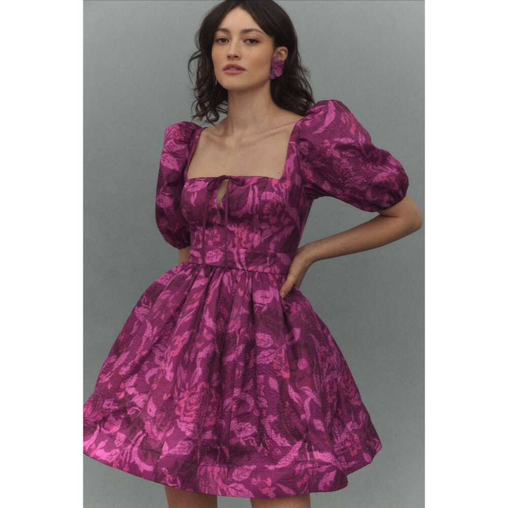 BHLDN Anthropologie Mini Dress Chloe Puff Sleeve Jacquard Preppy Size XL NWT